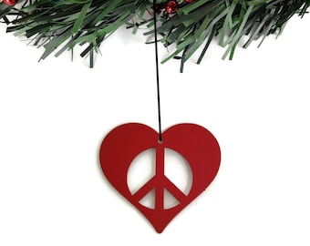 Metal Heart Peace Sign Ornament 3" wide