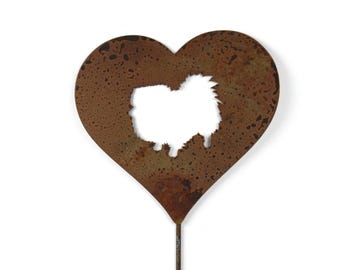 Pomeranian Dog Metal Heart Pet Memorial Stake 20 to 28 Inches Tall