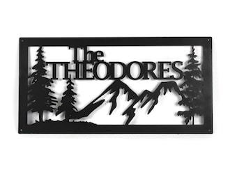 Family Name Metal Mountain Forest Cabin Sign 23 to 32 Inches Wide