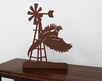 Windmill and Pheasant Free Standing Metal Decor 14.75 Inches Tall