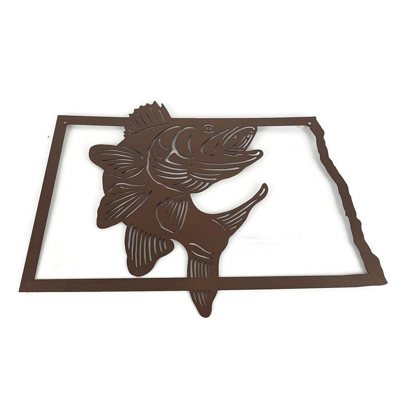 North Dakota Walleye Fishing Metal Wall Art Sign 22 Inches Wide Matte Dark Brown