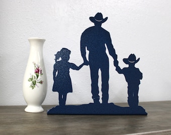 Cowboy and Kids Daughter and Son Metal Free Standing Decor 10 Inches Tall