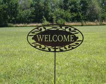 Welcome Leaf Pattern Metal Stake Sign 28 Inches Tall