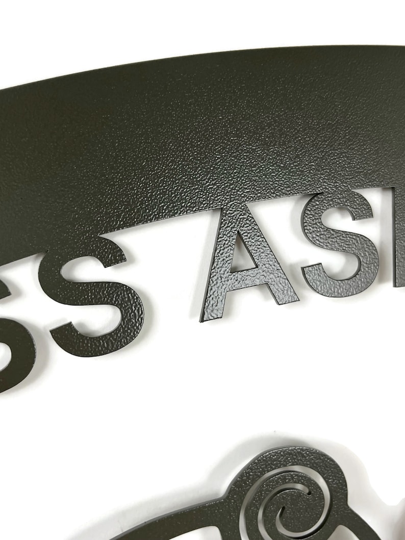 May include: A dark green metal sign with the word "ASSA" cut out in the shape of a half circle. The sign has a textured surface.