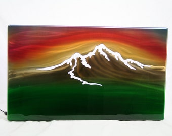 Mountain Sunset Air Brushed Backlit Painting on Aluminum Wall Art 18x30 Inches