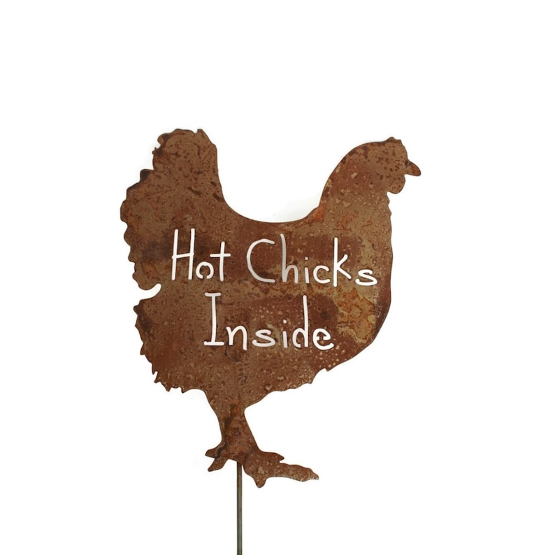 May include: Rusty metal silhouette of a chicken with the words "Hot Chicks Inside" written on it.