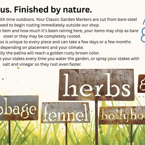 May include: Metal garden markers with the names "basil", "cabbage", "fennel", "geranium", "herbs", and "hollyhock" cut out. The markers are made of rusted metal and are displayed in a garden setting.