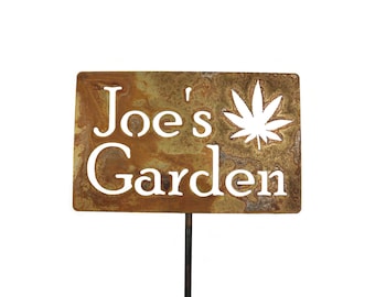 Metal Garden Stake Sign Custom Text with Marijuana Pot Leaf 20 to 48 Inches Tall