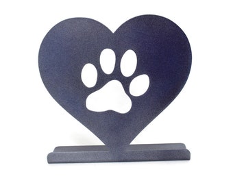 Metal Heart Paw Print Free Standing Magnet Sign Board Photo Holder Pet Memorial 7 Inches Tall