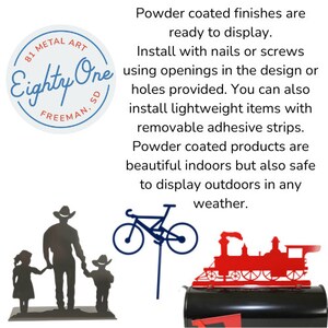 May include: A metal silhouette of a family with a father, mother, and child. The family is standing on a base. The silhouette is powder coated and ready to display. The image also shows a bicycle and a train silhouette.
