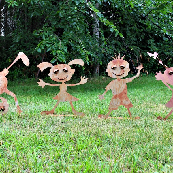 Rustic Metal Tumbling Kids Statue: Garden Art Yard Stands
