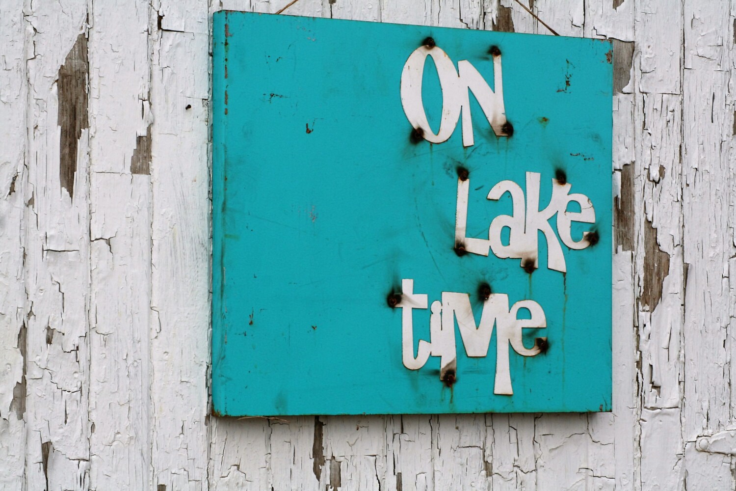 On Lake Time rustic metal sign, lake photo board, lake house sign, lake