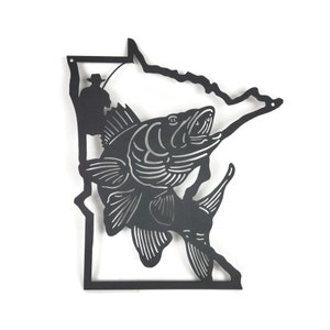 Minnesota Walleye Fishing Metal Wall Art Sign 17.5 Inches Tall Dark Stone Gray