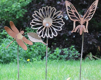 Rustic Metal Garden Stake Gift Set: 1 Daisy, 1 Butterfly and 1 Dragonfly up to 24" Tall