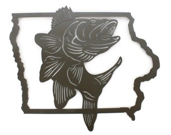 Iowa Walleye Fishing Metal Wall Art Sign 20 Inches Wide