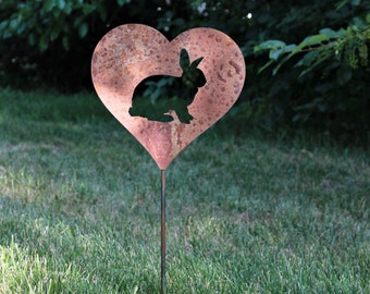 Bunny Rabbit Metal Heart Pet Memorial Stake 21 to 28 Inches Tall