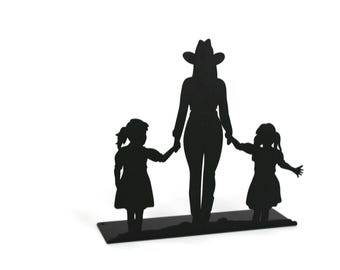 Cowgirl Mother and Two Daughters Metal Tabletop Decor 10 Inches Tall