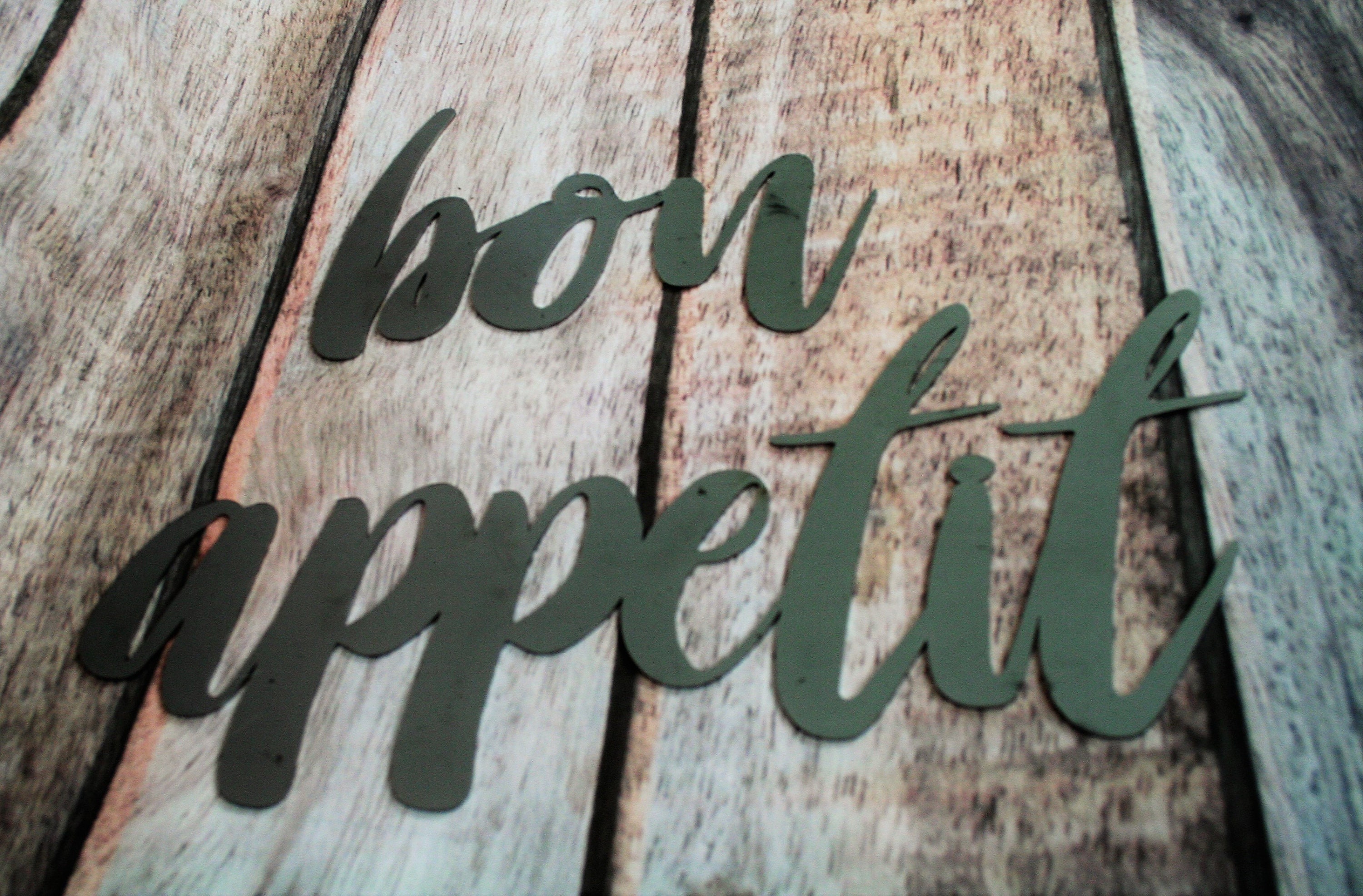 bon appetit script, kitchen metal sign, metal word art, steel word art