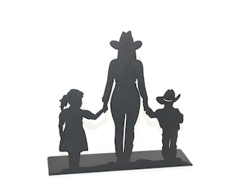 Cowgirl Mom and Kids Daughter and Son Metal Free Standing Decor 10 Inches Tall