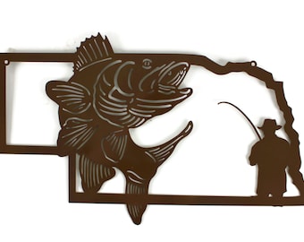 Nebraska Walleye Fishing Metal Wall Art Sign 22 Inches Wide