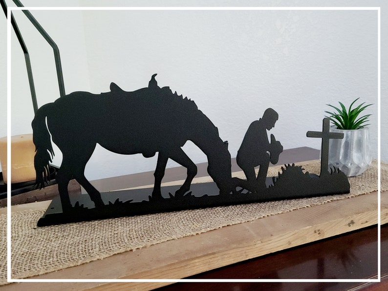 Praying Cowboy Free Standing Metal Decor 16 Inches Wide image 1