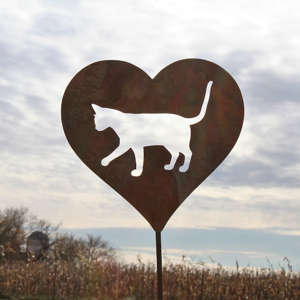 Cat Metal Heart Pet Memorial Stake 20 to 28 Inches Tall