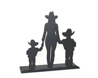 Cowgirl Mother and Sons Silhouette Free Standing Metal Cowboy Western Decor 10 Inches Tall