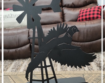 Windmill and Pheasant Free Standing Metal Decor 14.75 Inches Tall