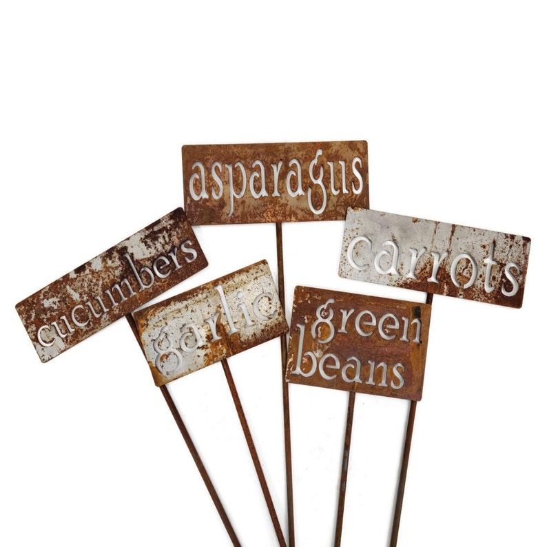 May include: Five weathered metal garden markers with the names of vegetables: asparagus, carrots, cucumbers, garlic, and green beans. The rectangular signs have a rusty brown finish with the names cut out in a white font.