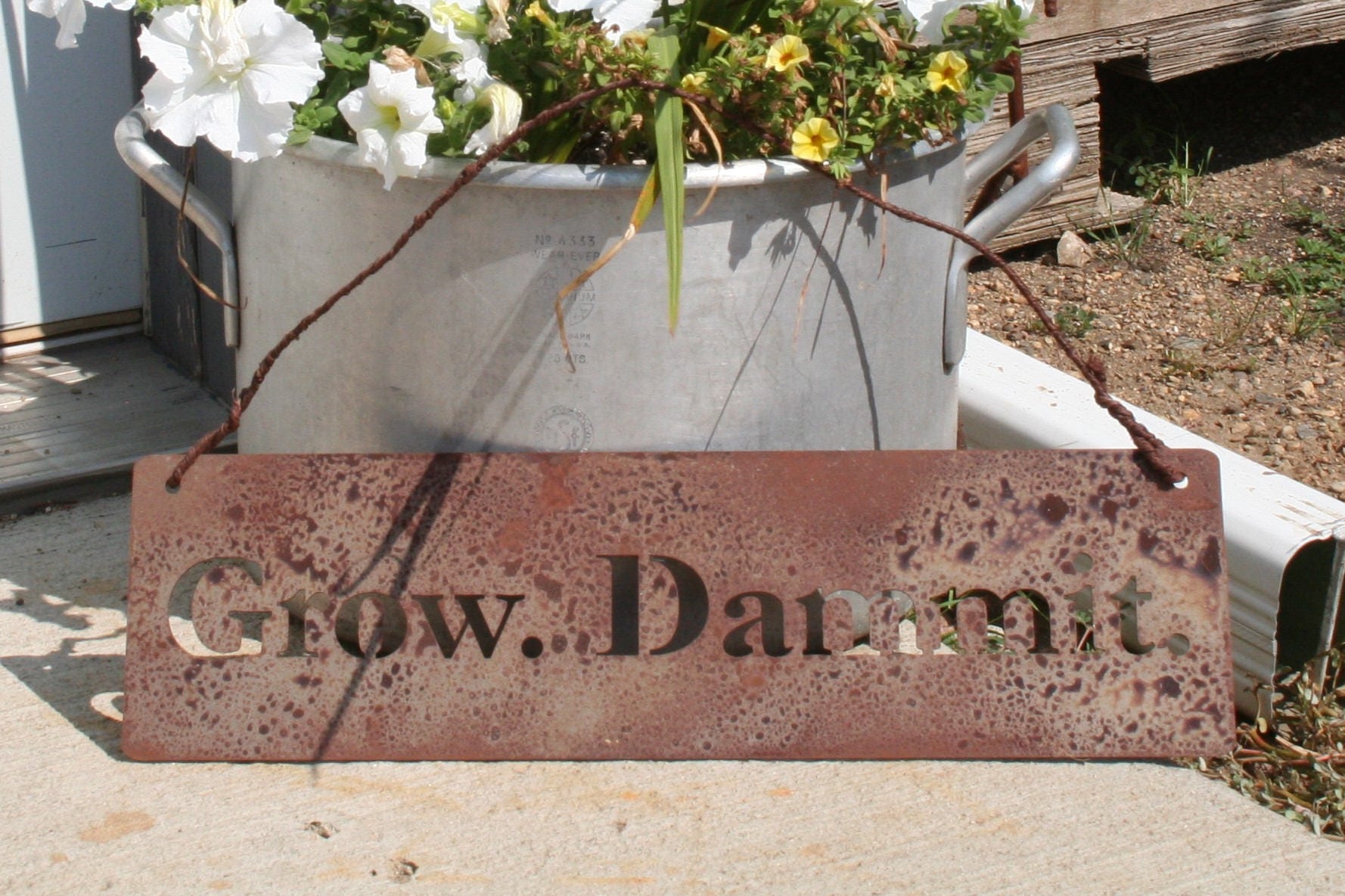 Grow. Dammit. Rustic hanging metal sign, funny garden sign, garden
