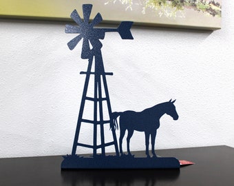 Windmill and Horse Tabletop Metal Home Decor 14.75 Inches Tall