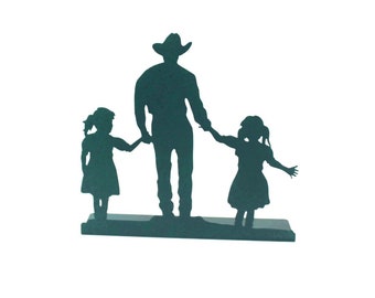 Cowboy and Two Daughters Metal Silhouette Free Standing Western Decor 10 Inches Tall