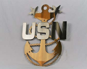 US NAVY Chief Petty Officer Stainless Steel Fouled Anchor Wall Sign 19 Inches Tall Discontinued Design SALE Clearance!