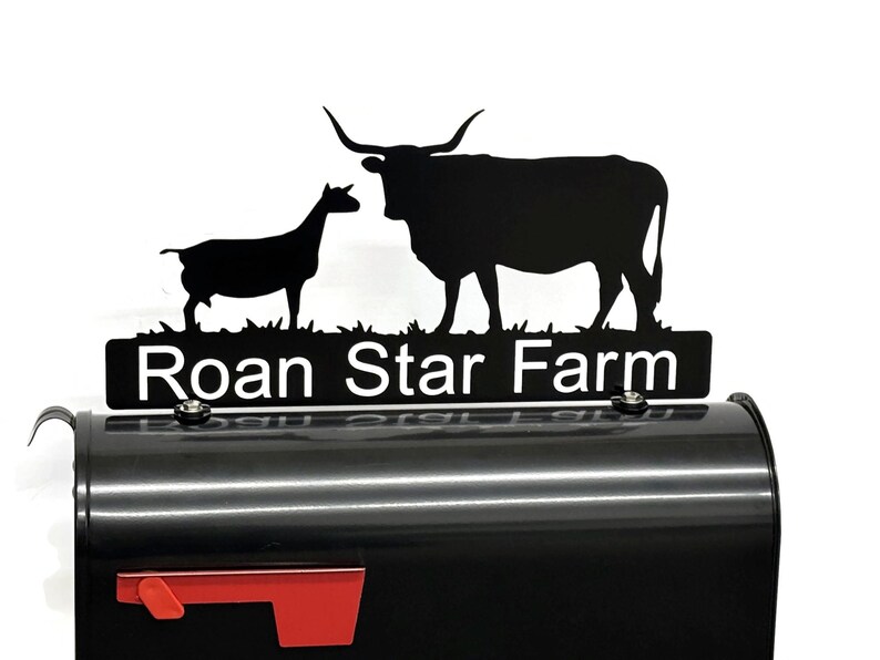May include: Black metal mailbox topper featuring silhouettes of a goat and a longhorn steer above the words "Roan Star Farm" in white. The mailbox is black with a red flag.