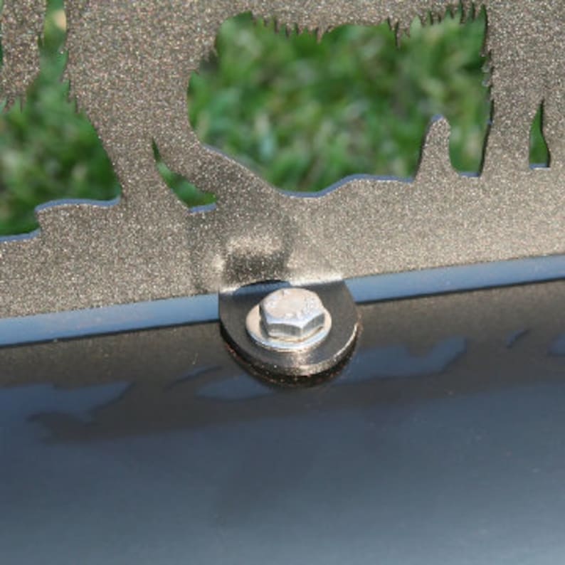 May include: Close-up of a silver metal bolt and nut securing a metal silhouette to a black surface.