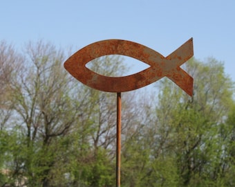 Metal Jesus Fish Christian Garden Stake 21 Inches Tall