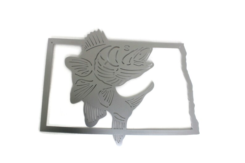 North Dakota Walleye Fishing Metal Wall Art Sign 22 Inches Wide Silver