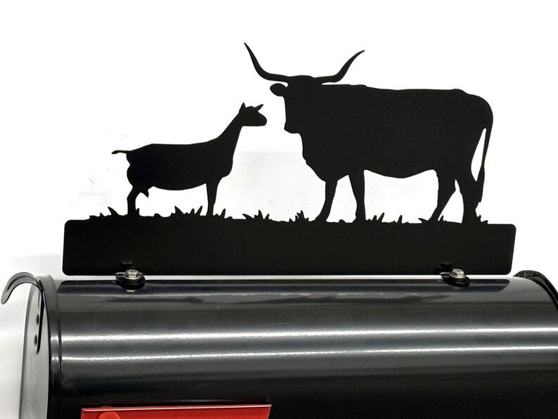 Longhorn Cow and Goat Customized Metal Mailbox Topper 8.35 Inches Tall - Does Not Include a Mailbox Semi-Gloss Black