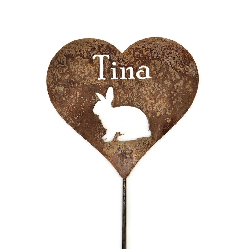 Custom Rabbit Heart stake. Tina is the name on the stake above the rabbit.