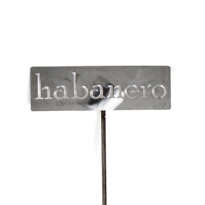 May include: A rectangular, gray metal garden marker with the word "habanero" cut out in white letters. The marker is attached to a thin, dark metal stake, suitable for labeling plants in a garden.