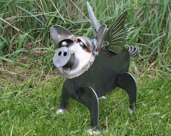 Flying Pig Steel Statue Outdoor Yard Art 15.25 Inches Tall