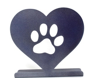 Metal Heart Paw Print Free Standing Magnet Sign Board Photo Holder Pet Memorial 7 Inches Tall