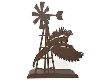 Windmill and Pheasant Free Standing Metal Decor 14.75 Inches Tall