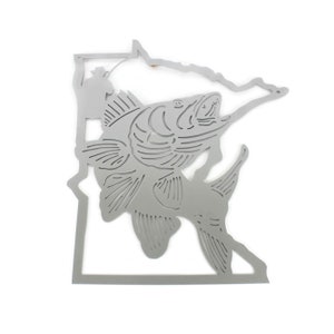 Minnesota Walleye Fishing Metal Wall Art Sign 17.5 Inches Tall Silver