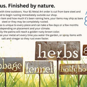 May include: Metal garden markers with the words "basil", "herbs", "geranium", "cabbage", "fennel", and "hollyhock" cut out. The markers are made of rusted metal and are displayed in a garden setting.