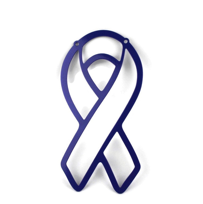 May include: A dark blue ribbon-shaped metal cutout, featuring a looped design with a central open space. The ribbon has two small holes at the top for hanging. The object is set against a plain white background.
