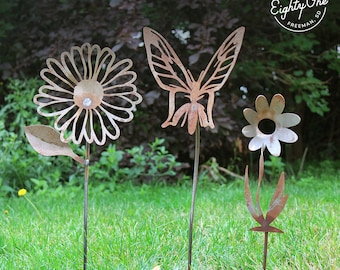 Metal Garden Stake Yard Art Gift Set - Butterfly, Daisy and Twisted Daisy up to 23" Tall