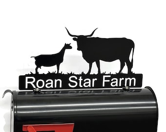 Longhorn Cow and Goat Customized Metal Mailbox Topper 8.35 Inches Tall - Does Not Include a Mailbox