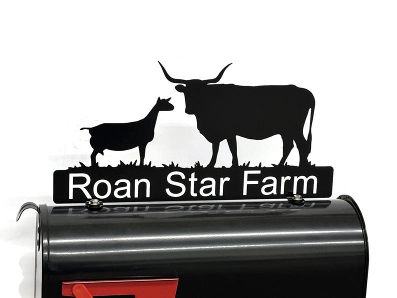 May include: Black metal sign with the words "Roan Star Farm" in white, featuring silhouettes of a goat and a longhorn steer. The sign is mounted on a black mailbox.