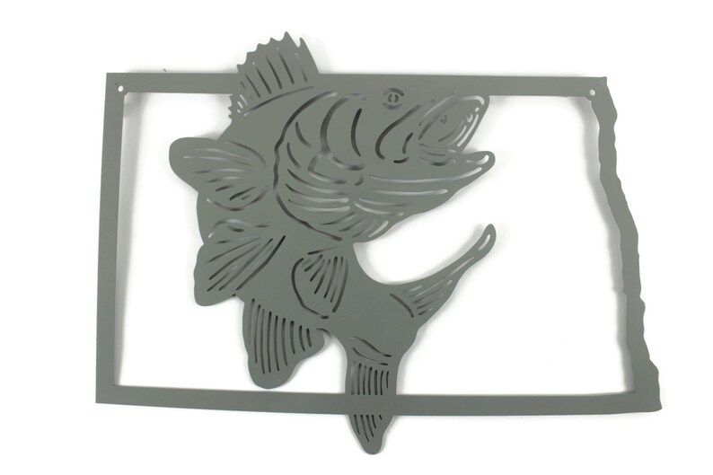 North Dakota Walleye Fishing Metal Wall Art Sign 22 Inches Wide Gray